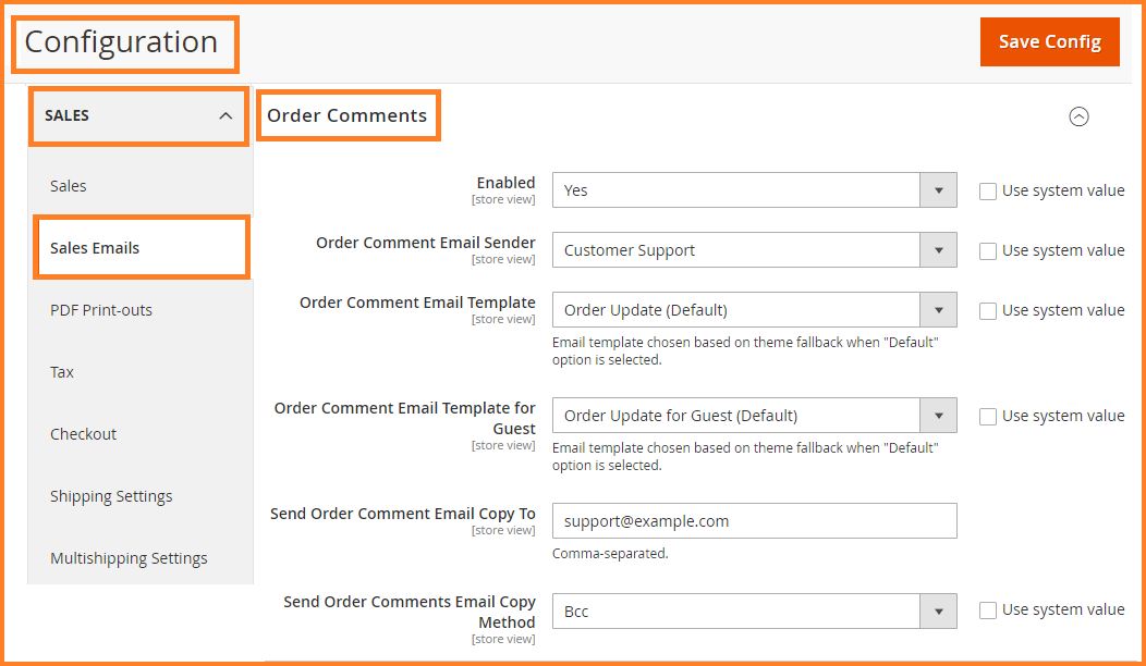 configure order comments in magento 2