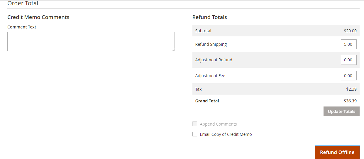 Refund Order Totals in Magento 2