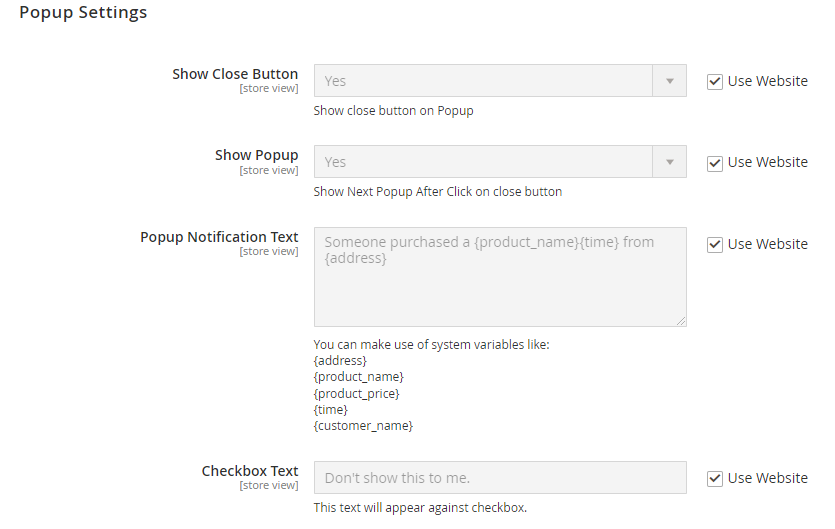Popup settings of recent sales notification extension